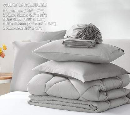 CozyLux King Bed in a Bag 7-Pieces Comforter Sets with Comforter and Sheets Light Grey All Season Bedding Sets with Comforter, Pillow Shams, Flat Sheet, Fitted Sheet and Pillowcases - LeafyLoom