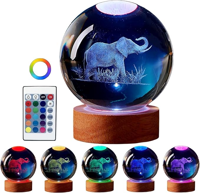 Large 3D Elephant Lamp Crystal Ball Night Light, Light up Elephant 16 Color Changing with Remote Control for Bedroom Decor, Cool Desk Decor Gift for Teens Boys and Girls, Elephant - LeafyLoom