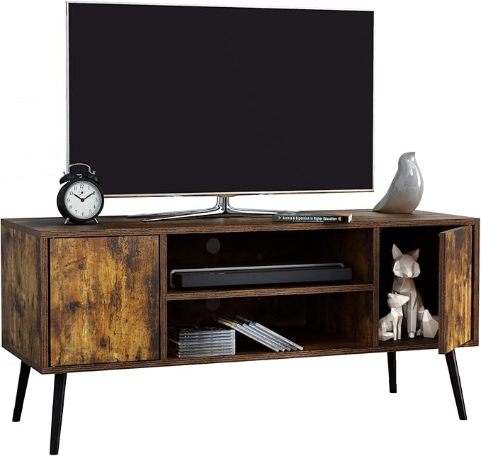 Yusong Industrial TV Stand for 55 Inch TVs,TV Bench TV Cabinet Media Cable Box Gaming Console Table with Open Shelves,Mid-Century Modern Entertainment Center for Living Room,Rustic Brown - LeafyLoom