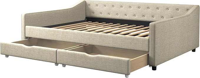 Full Size Upholstered Daybed with Button Tufted Back and Waved Shape Arms,Elegant Wood Storage Sofa Bed w/Two Drawers,Slat Support,for Apartment,Bedroom,Beige - LeafyLoom