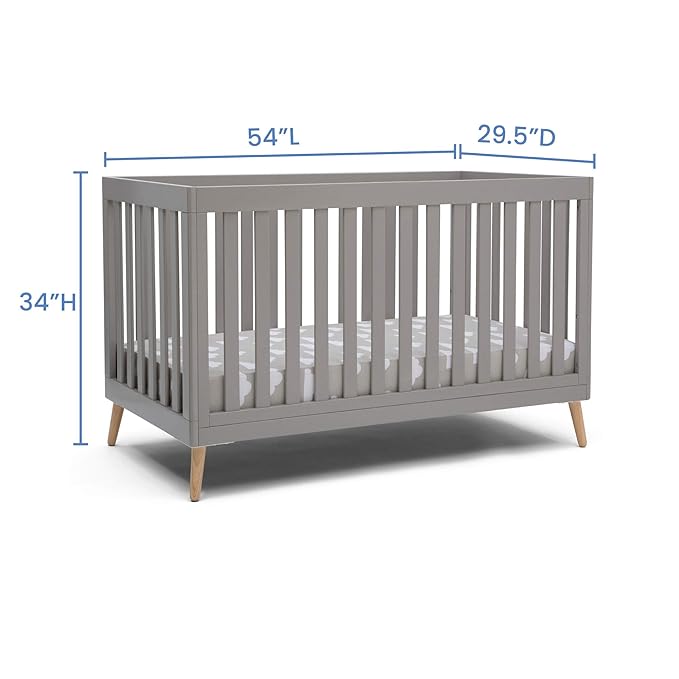 Delta Children Essex 4-in-1 Convertible Baby Crib, Grey with Natural Legs + Delta Children Twinkle Galaxy Dual Sided Recycled Fiber Core Crib and Toddler Mattress (Bundle) - LeafyLoom