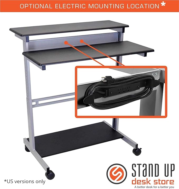 Stand Up Desk Store Rolling Adjustable Height Two Tier Standing Desk Computer Workstation (Silver Frame/Black Top, 40" Wide) - LeafyLoom