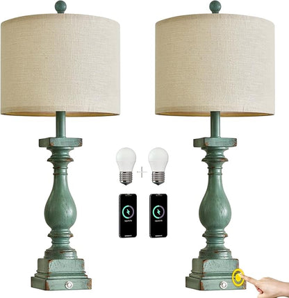 BOBOMOMO Retro 27" USB Charging Ports A/C 3 Way Dimmable Touch Control Green Farmhouse Lamps Set of 2 for Bedrooms Retro Side Table Lamps Bedside Lamp for Side Nightstand Living Room(Bulb Included) - LeafyLoom