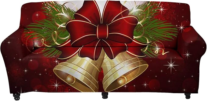 FKELYI Stretch Sofa Slipcover-Christmas Theme Jingle Bell Print Soft Couch Sofa Cover Furniture Protector Modern Home Decorations,Non Slip Soft Couch Sofa Cover for Women Mens-M FKELYI