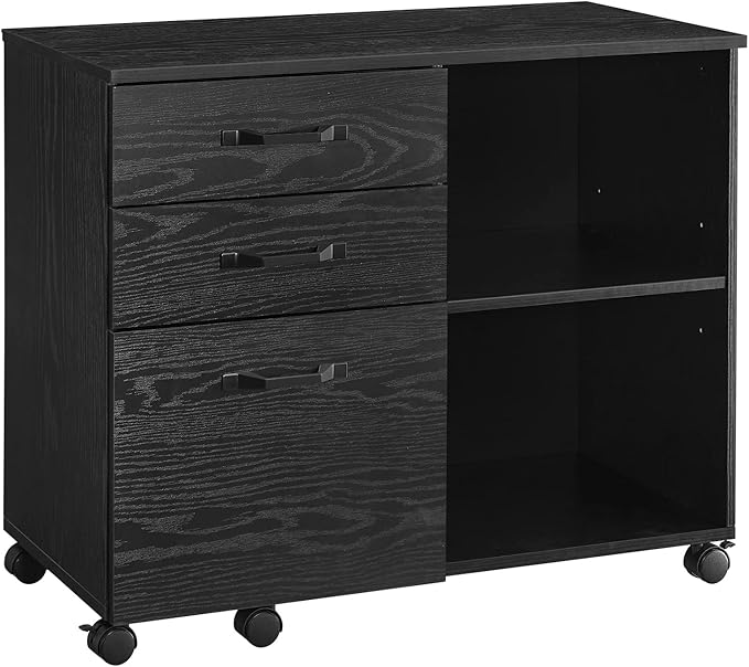 VASAGLE Lateral File Cabinet, Home Office Printer Stand, with 3 Drawers and Open Storage Shelves, for A4, Letter-Size Documents, Black with Wood Grain - LeafyLoom