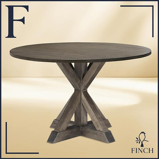 Finch Alfred Round Solid Wood Rustic Dining Table for Farmhouse Kitchen Room Decor, Wooden Trestle Pedestal Base, 46.5" Wide Circular Tabletop, Distressed Brown - LeafyLoom