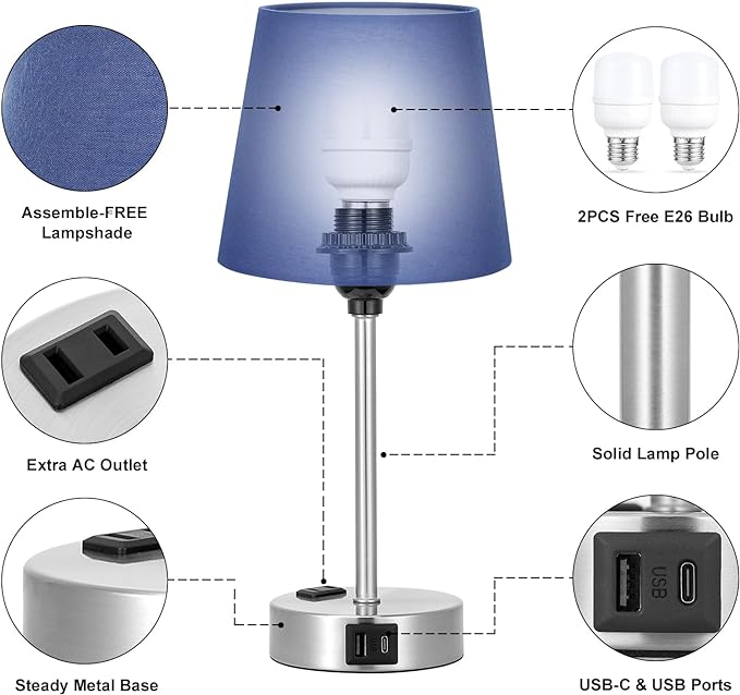 Table Lamps for Bedrooms Set of 2 Bedside - Nightstand Bedroom Lamp with USB C Port and AC Outlet Charging, Dimmable Touch Small End Side Lamp, Blue Night Stand Light for Kid/Guest Room/Living Room - LeafyLoom