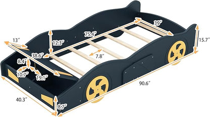 Twin Size Race Car Bed for Kids, Car-Shaped Bed Frame with Wheels and Storage Footboard for Boys, Wood Slats Support,No Box Spring Needed, Dark Blue+Yellow - LeafyLoom