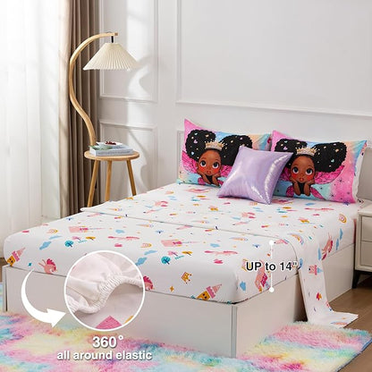 A Nice Night Black Girl Princess with Wings Comforter Set,Pink Gradient Glitter Rainbow Galaxy 6pcs Kids Bedding Set,Full - LeafyLoom