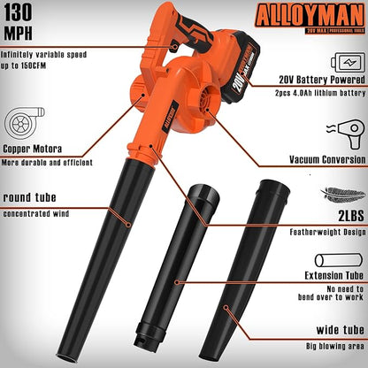 Alloyman Leaf Blower, 20V Cordless Leaf Blower, with 2 X 4.0Ah Battery & Charger, 2-in-1 Electric Leaf Blower & Vacuum for Yard Cleaning/Snow Blowing.(Orange) - LeafyLoom