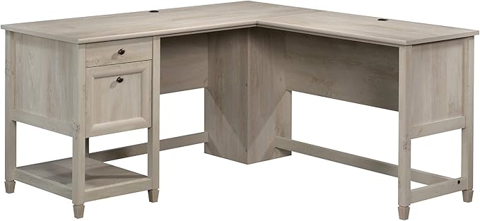 Sauder Edge Water L-Desk, L: 59.06" x W: 58.74" x H: 29.57", Chalked Chestnut finish - LeafyLoom