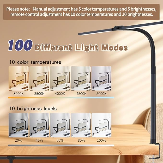 LED Desk Lamp for Home Office, Gooseneck Desk Light Architect Clip on office Lamp with 10 Dimmable 7 Modes, 24W Sensor Auto Dimming Table Lights for Desk, Adapter Included - LeafyLoom