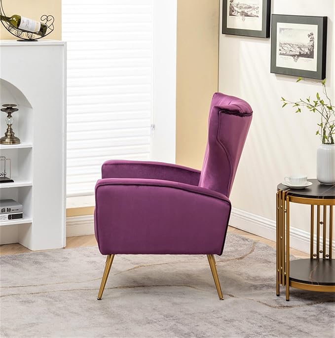 Armchair Modern Velvet Accent Chair, Channel Tufted Bedroom, Office or Living Room Furniture with Elegant Metal Legs, Purple - LeafyLoom