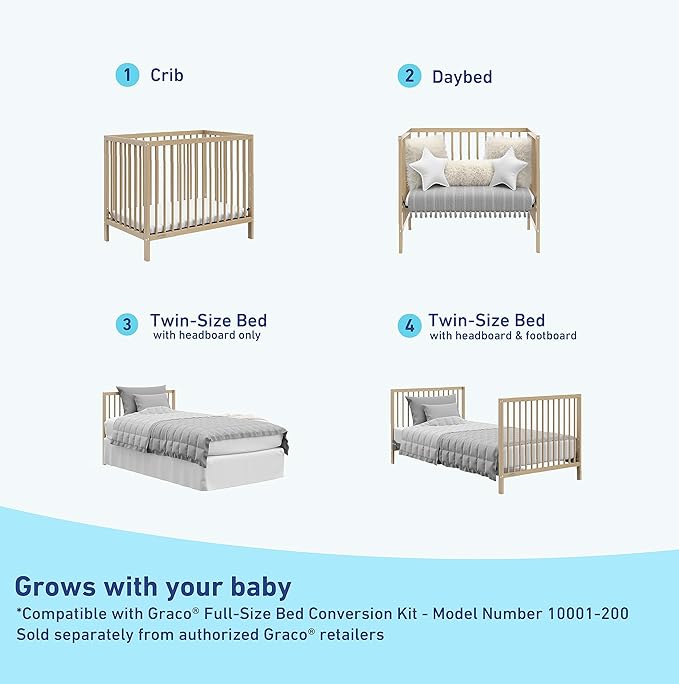 Graco Teddi 4-in-1 Convertible Mini Crib with Bonus Water-Resistant Mattress (Driftwood) – GREENGUARD Gold Certified, 2.75-Inch Mattress Included, Convenient Size, Easy 30-Minute Assembly - LeafyLoom