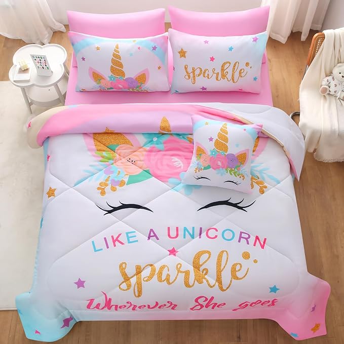 JQinHome Unicorn Full Bedding Sets for Girls Kids,8 Piece Bed in A Bag 3D Colorful Flower Girl Unicorn Comforter Set with Sheet Set(Sparkle) - LeafyLoom