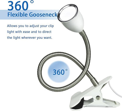 Desk lamp Eye-Caring Table Lamps, 360°Rotation Gooseneck Clip on Lamp Reading Light, Portable Reading Book Light, Clamp Light, Study Desk Lamps for Bedroom and Office Home Lighting (White-C01) - LeafyLoom