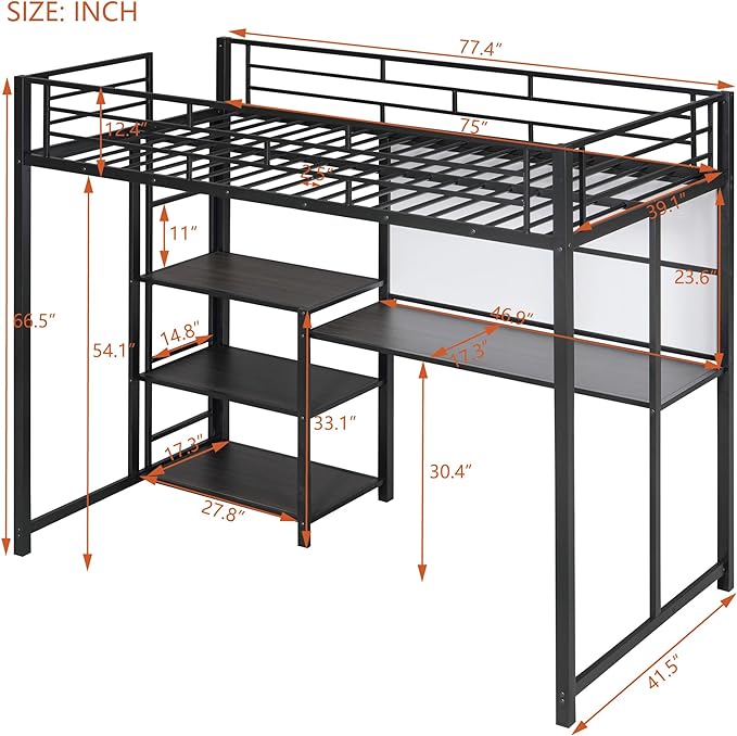 RITSU Twin Size Loft Bed, Heavy Duty Metal Bedframe with Desk and Whiteboard, 3 Big Shelves The Storage Space, Sturdy Construction, for Children's Room, Teens, Black - LeafyLoom