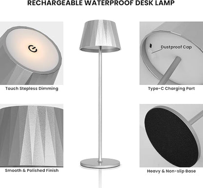 Modern LED Cordless Waterproof Table Lamp,5200mAh Touch Dimmable Desk Lamp,Rechargeable Battery Powered Night Light for Indoor/Outdoor Dining (Silver, 3000K, Warm White) - LeafyLoom