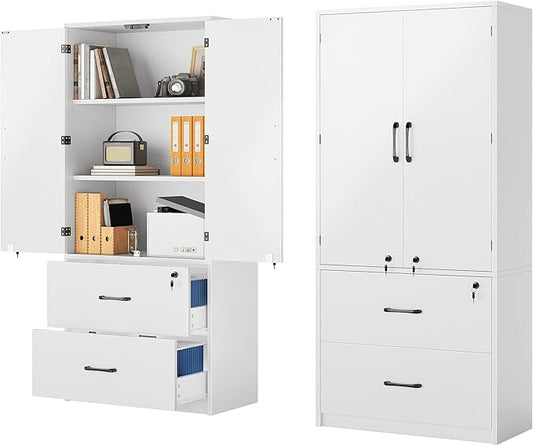 YITAHOME Wood File Cabinets, Heavy Duty Garage Tool Cabinets with Doors & Adjustable Shelves, Big Storage Filing Lockers for Home Office, Living Room, Pantry, Gym, Basement, Warehouse, White - LeafyLoom