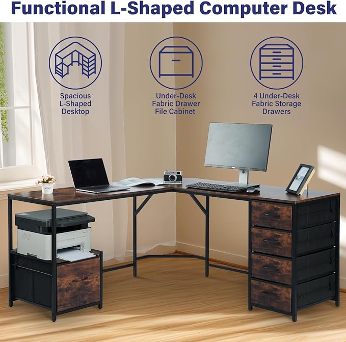 TOPSKY L-Shaped Desk Corner Computer Desk with 18.9" Depth Workstation, Cloth File Cabinet for Letter Size File Folder and 4 Cloth Storage Cabinets (Bamboo, 59 * 59 inch) - LeafyLoom