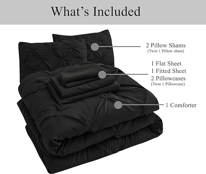 LANE LINEN California King Comforter Set, 7 Piece Cal King Bed in a Bag, Pintuck Cal King Bedding Set, Soft Cali King Bed Set, Cal King Bedding Comforter Sets with Sheets, Pillowcases & Shams - Black - LeafyLoom