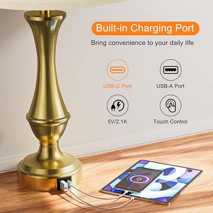 Touch Lamps for Bedrooms Set of 2 - Nightstand Table Lamp with USB C+A, 3 Way Dimmable Bedside Lamps for Living Room End Tables Set of 2, Farmhouse Night Stand Lamps(Brown&Gold) - LeafyLoom