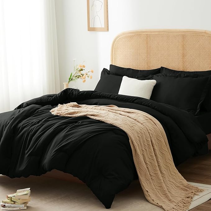 Full Bed in a Bag 7 Pieces Bedding Comforter Set with Comforter and Sheets Black Full Bed Set with Sheets,Pillow Shams, Flat Sheet, Fitted Sheet and Pillowcases - LeafyLoom