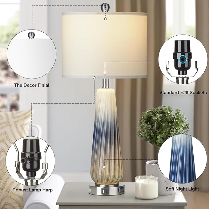 28" Glass Table Lamp Set of 2, Modern Table Lamps with USB A+C Ports & AC Outlet, Touch Control Bedside Nightstand Lamp with LED Night Light & White Fabric Shade for Living Room Blue(4 Bulbs Included) - LeafyLoom