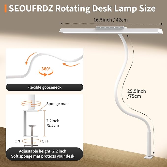 Desk Lamp, 3 Colors Stepless Dimming LED Desk Lamps for Home Office Adjustable Memory Desk Light with Clamp Touch Control Office Lamp Eye Caring Computer Light for Working Sewing(White) - LeafyLoom