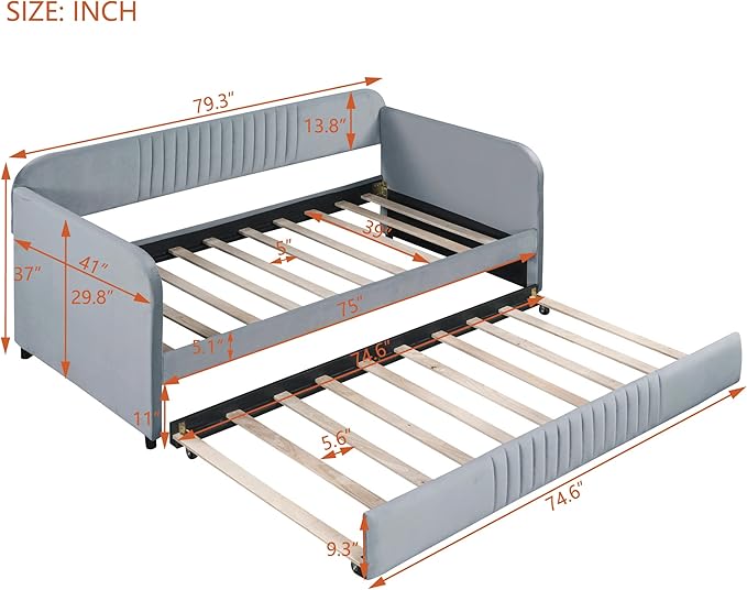 Upholstered Twin Size Daybed with Trundle, Backrest and Armrests, Modern Velvet Day Bed Frame for Bedroom Guestroom Living Room, Wood Slats Support, Gray - LeafyLoom