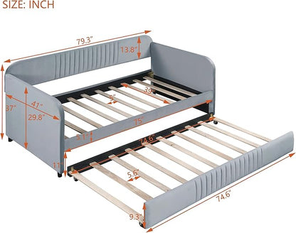 Upholstered Twin Size Daybed with Trundle, Backrest and Armrests, Modern Velvet Day Bed Frame for Bedroom Guestroom Living Room, Wood Slats Support, Gray - LeafyLoom