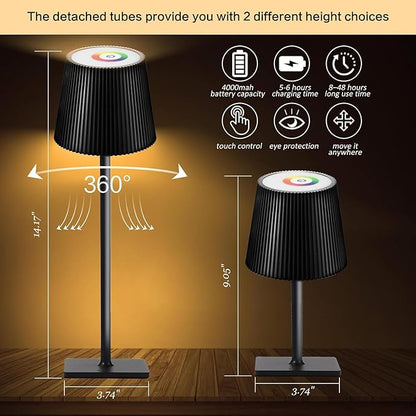 2 Pack Cordless Table Lamp, Touch Dimmable RGB Desk Lamp, 4000 mAh LED Desk Lamp, Battery Operated Lamp for Family, Restaurant & Bar, Outdoor Party, Camping, Garden, Christmas Gift - LeafyLoom