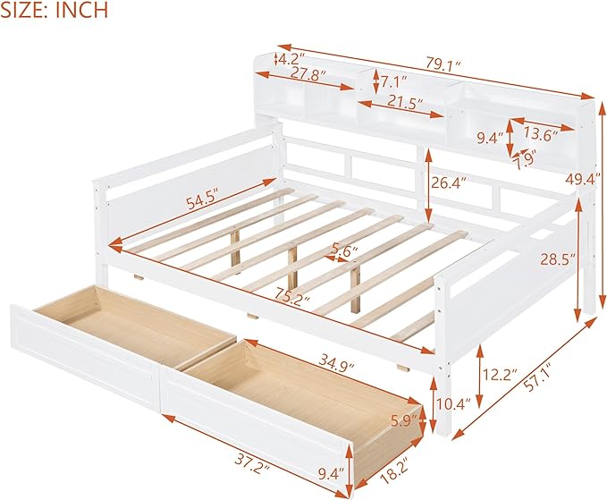 Merax Full Wood Daybed with Bedside Shelves and Two Drawers Sofa Bed Frame for kids Boys Girls/No Box Spring Needed White - LeafyLoom