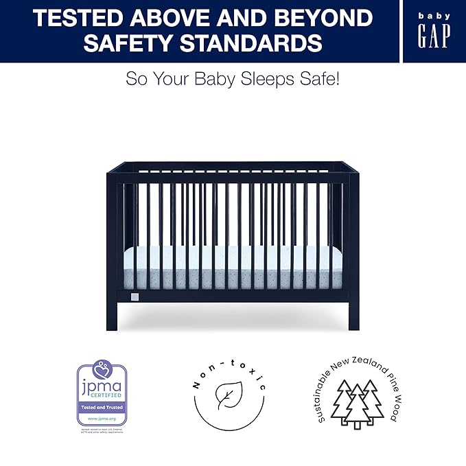 Delta Children babyGap Charlie 6-in-1 Convertible Crib + Brannan Bear Bookcase with Bins + Brannan Bear Wall Shelf with 4 Hooks, Navy (Bundle) - LeafyLoom