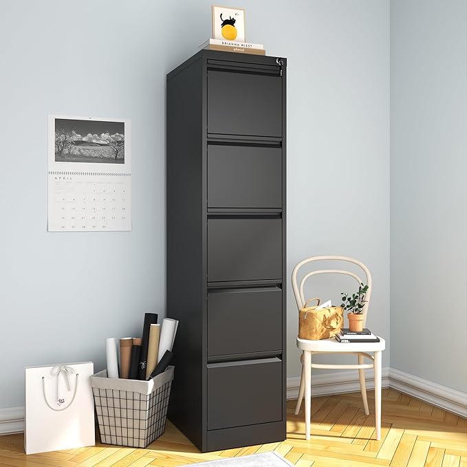 5 Drawer Vertical File Cabinet, Metal File Cabinets with Lock for Home Office, Heavy Duty Office Steel Filing Cabinet for Hanging Files for A4/ Legal/Letter,Assembly Required (Black) - LeafyLoom