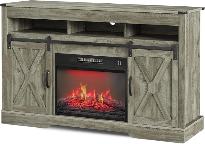 Fireplace TV Stand for 65+ Inch TV, Farmhouse Entertainment Center with 23" Electric Fireplace with Remote, Modern Rustic TV Console with Sliding Bar Door for Living Room,Light Grey - LeafyLoom