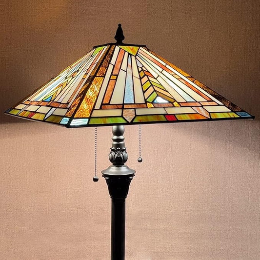 Tiffany Floor Lamp for Living Room 2 Lights Mission Style Stained Glass Reading Floor Light Antique Standing Tall Lamp for Bedroom Office - LeafyLoom