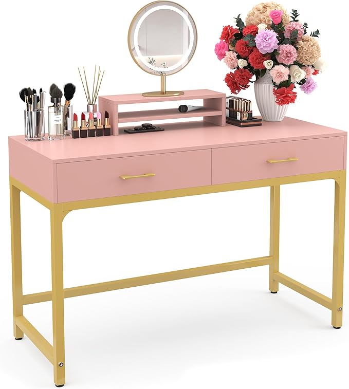 WESTREE Women Makeup Vanity Desk with 2 Drawers - Bedroom Home Office Desk, Wooden Height Monitor Stand & Storage Shelf without Mirror, Pink Table Great Gift for Her - LeafyLoom