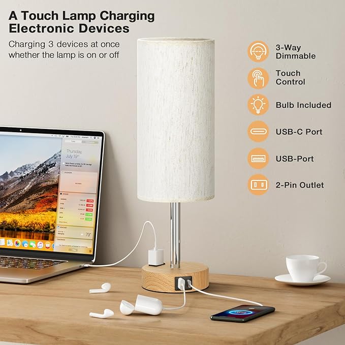 Bedside Table Lamp for Bedroom - 3 Way Dimmable Touch Lamp USB C Charging Ports and AC Outlet, Small Lamp Wood Base Round Flaxen Fabric Shade for Living Room, Desk, LED Bulb Included - LeafyLoom