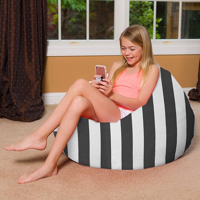 Posh Creations Bean Bag Chair for Kids, Teens, and Adults Includes Removable and Machine Washable Cover, Canvas Stripes Gray and White, 38in - Large - LeafyLoom