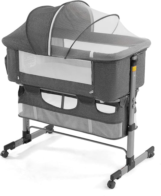 Bedside Sleeper Bedside Crib, Baby Bassinet 3 in 1 Travel Baby Crib Baby Bed with Breathable Net,Adjustable Portable Bed for Infant/Baby(Deep Grey) - LeafyLoom