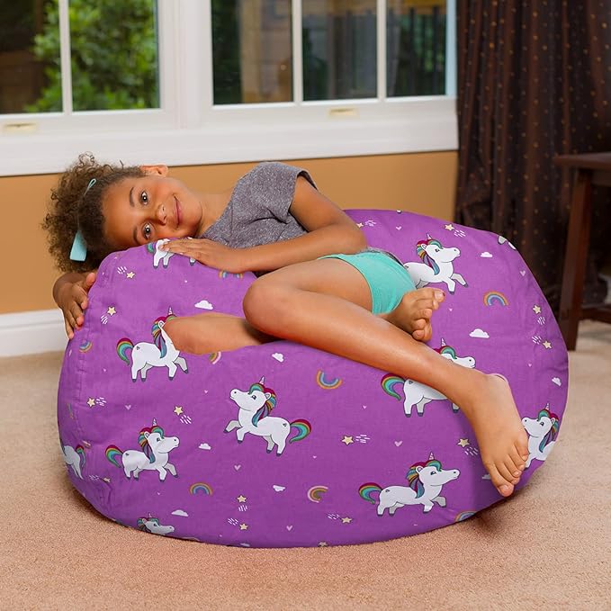 Posh Creations Bean Bag Chair for Kids, Teens, and Adults Includes Removable and Machine Washable Cover, 38in - Large, Canvas Unicorn and Rainbows on Purple - LeafyLoom