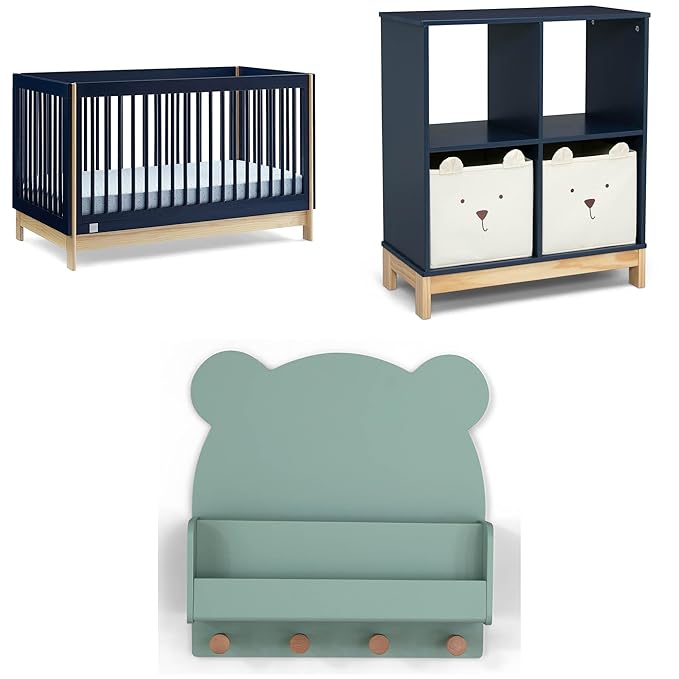 Delta Children babyGap Tate 4-in-1 Convertible Crib + Brannan Bear Bookcase with Bins + Brannan Bear Wall Shelf with 4 Hooks, Navy/Natural (Bundle) - LeafyLoom