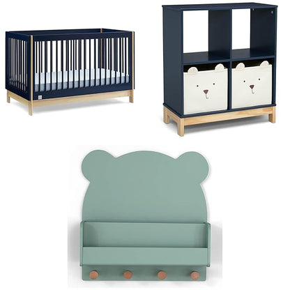 Delta Children babyGap Tate 4-in-1 Convertible Crib + Brannan Bear Bookcase with Bins + Brannan Bear Wall Shelf with 4 Hooks, Navy/Natural (Bundle) - LeafyLoom