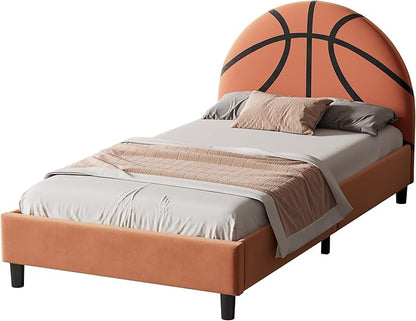 Basketball Design Twin Bed Frame for Kids,Sports Theme Upholstered Platform Bed with Headboard,Velvet Twin Size Bed Frame for Boys & Girls,Teens,Orange - LeafyLoom