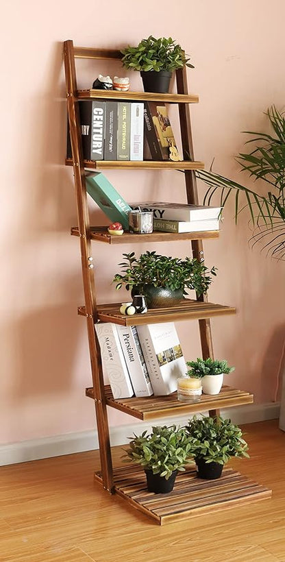 HYNAWIN 6 tier bookshelf ladder shelf-Large Bamboo Storage Shelves Wall Leaning Shelf for Garage, Kitchen, Office,Corner Display Bookcase - LeafyLoom