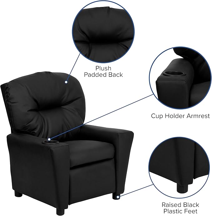 Flash Furniture Chandler LeatherSoft Kids Recliner with Cup Holder and Safety Recline, Contemporary Reclining Chair for Kids, Supports up to 90 lbs., Black - LeafyLoom