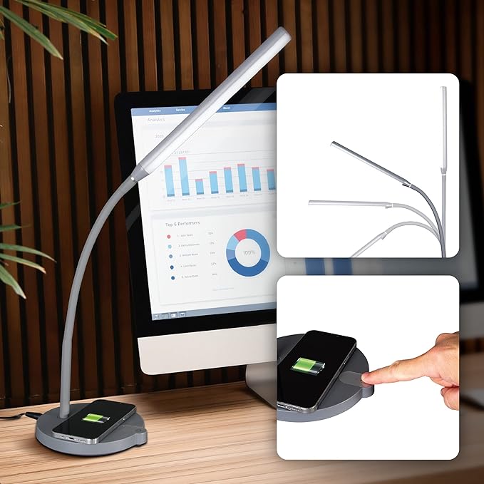 OttLite Stretch LED Desk Lamp with Wireless Charging - ClearSun LED Technology, 3 Color Temperature Modes with Touch Sensitive Controls & Flexible Gooseneck Arm for Home, Office & Dorms - LeafyLoom