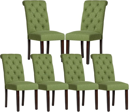 COLAMY Button Tufted Dining Chairs Set of 6, Parsons Upholstered Fabric Dining Room Chairs Kitchen Chairs with Wood Legs and Padded Seat, Green - LeafyLoom