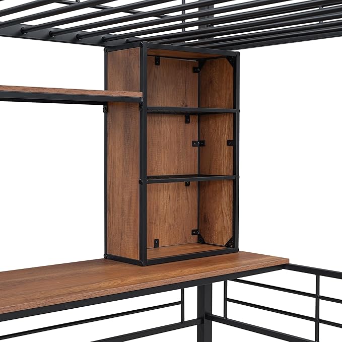 RITSU Twin Size Loft Bed with Desk and Storage Shelves, Metal BedFrame,w/Ladder & Fenced Around Guardrails, Easy Assembly, for Adults, Kids, Teens, Black - LeafyLoom